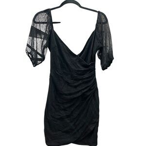 ASOS Design Size 4 Mini Dress Black Polka Dot Ruched Puff Sleeve Mesh V-Neck